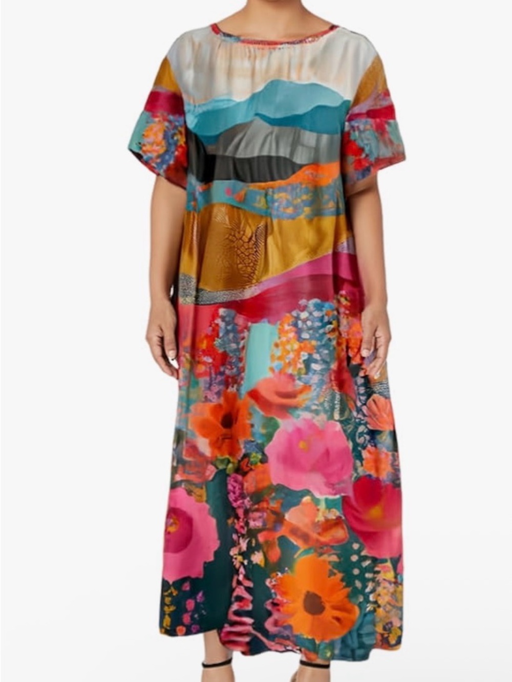 Vibrant Multicolor Floral Short-Sleeve Maxi Dress